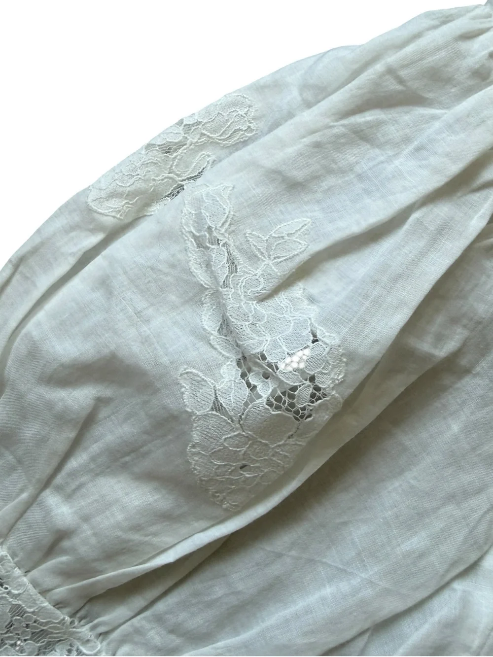 DÔEN Idella Top Salt White Lace Ramie Puff Sleeve Romantic Blouse L Cottagecore